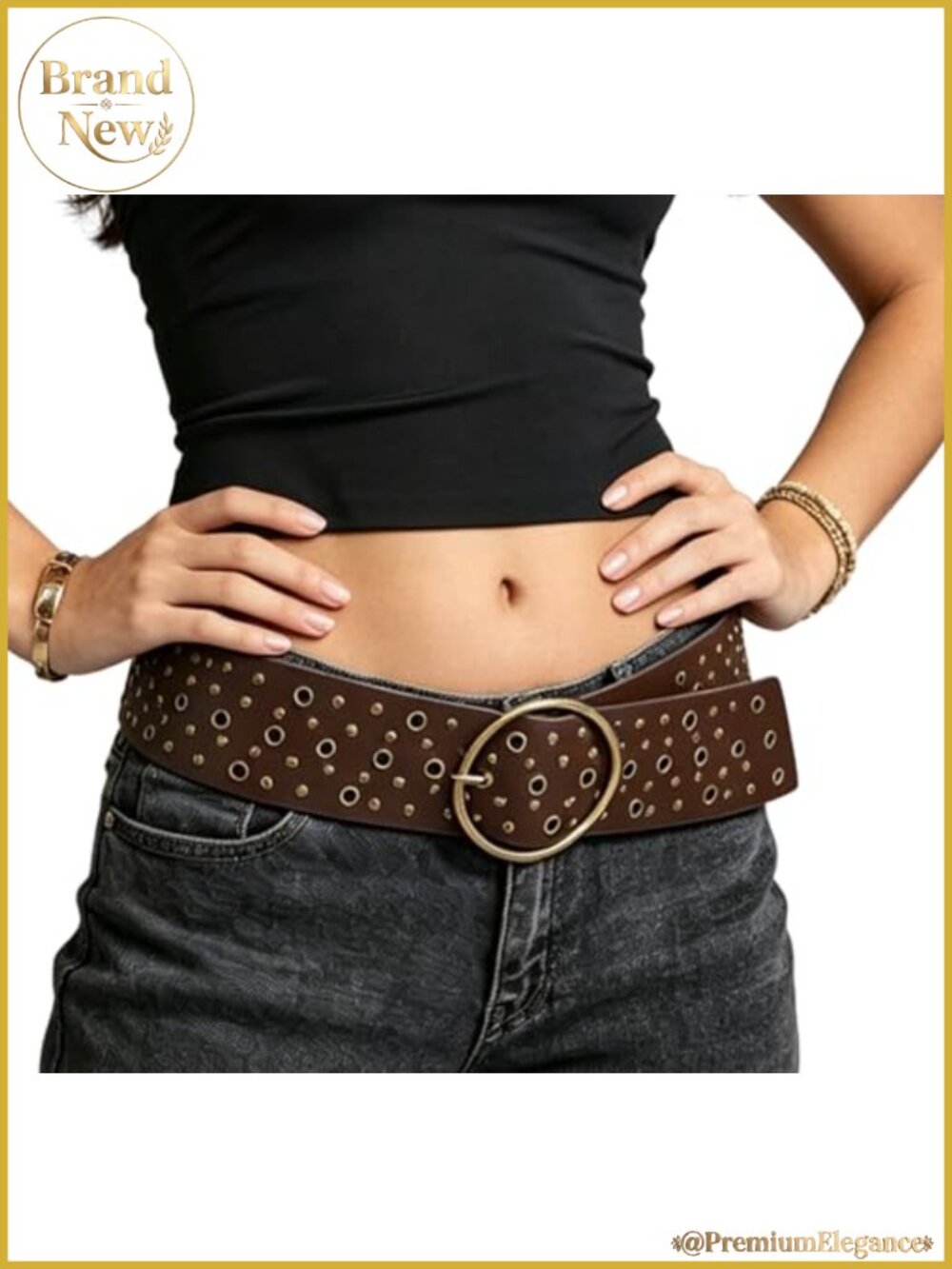 Wide Studded Chunky PU Leather Belt for Women Boho Concho